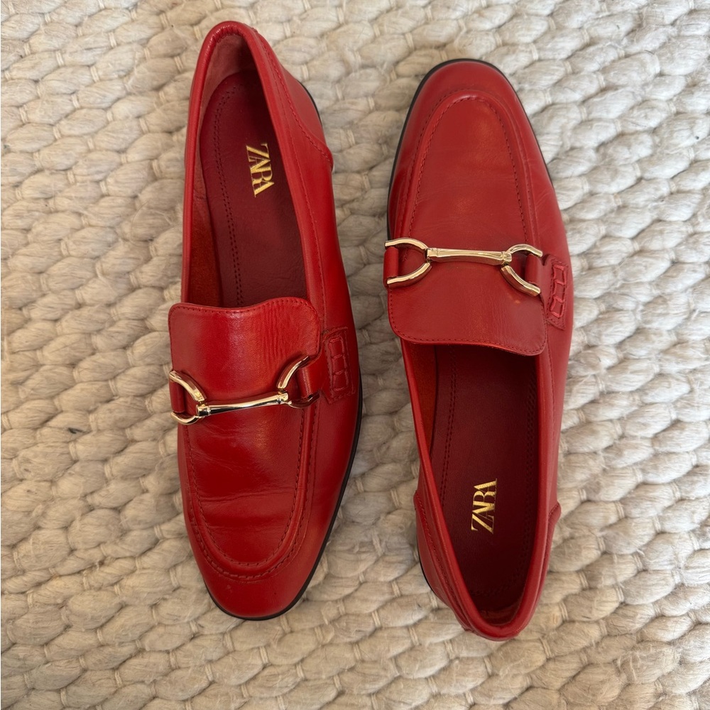 Zara Red Leather Loafers with Gold Accent